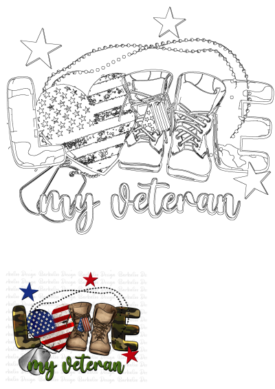 Patriotic 'LOVE my veteran' design featuring an American flag heart, military boots, camouflage letters, and dog tags.