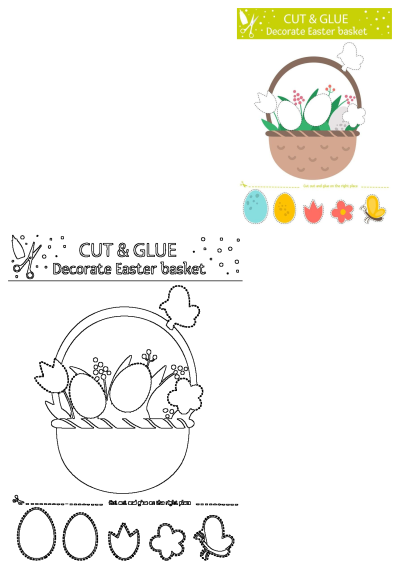 Easter basket cut and glue craft for kids. Colorful example and black-and-white template with eggs, flowers, butterfly elements to paste.