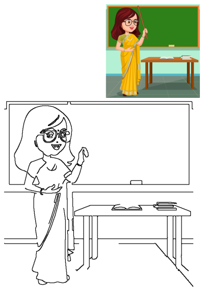 A cartoon teacher in yellow sari with pointer and blackboard illustration, plus an outline version for coloring activity.