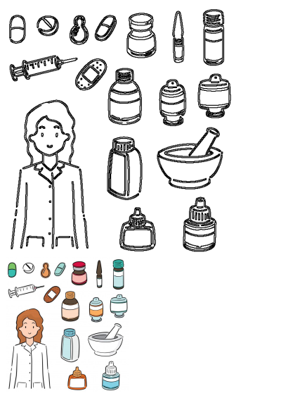 Cartoon woman illustration featuring medical and beauty products, including pills, syringes, bottles, and a mortar and pestle.