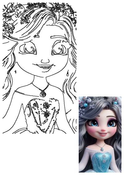 Cute cartoon girl with long grey hair, a winter tiara adorned with snowflakes and snowmen, wearing a blue dress.