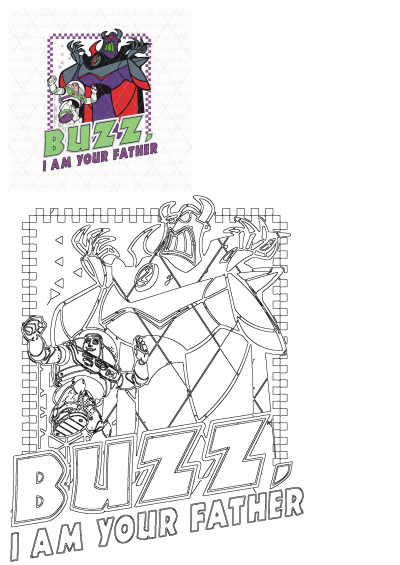 Vibrant Buzz Lightyear and Emperor Zurg 'I Am Your Father' parody T-shirt design, perfect for fans, includes outline version.