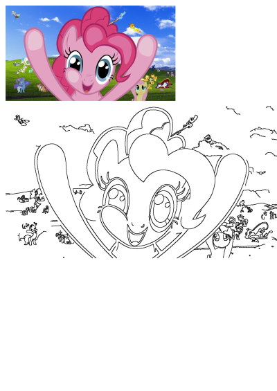 Pinkie Pie with arms raised, smiling excitedly amidst My Little Pony friends in a vibrant green field under a blue sky, resembling Windows XP background.