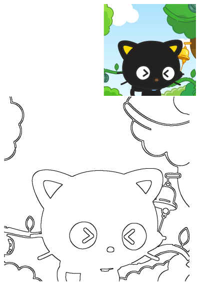 Cute black cartoon cat with yellow ears and a bell, in an enchanting forest scene. Ideal outline drawing for coloring fun.
