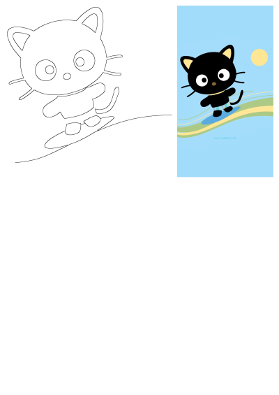 Cute black cat surfing cartoon character: a line art outline and a vibrant illustration on a blue wave under the sun.