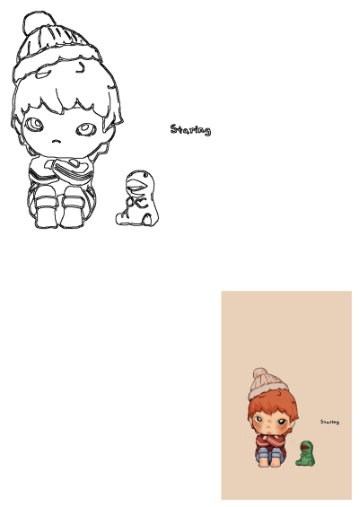 A cartoon boy, dressed in a beanie and sweater, stares intently with arms crossed, beside his green dinosaur stuffed animal. Both color and line art versions shown.