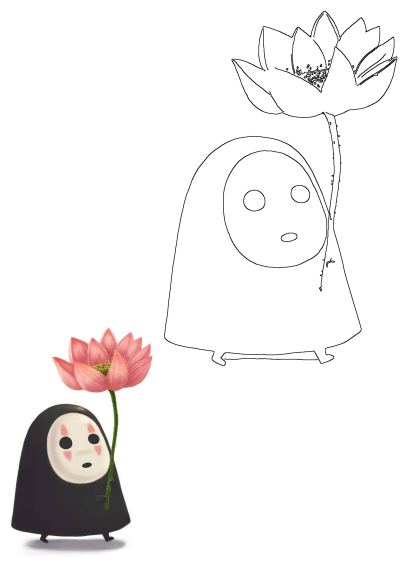 Spirited Away No-Face character holds a pink lotus flower in this charming cartoon illustration and companion line art outline.