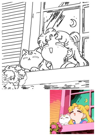 Sailor Moon (Usagi) and her feline companion Luna happily gaze at the crescent moon from a pink window on a starry night.
