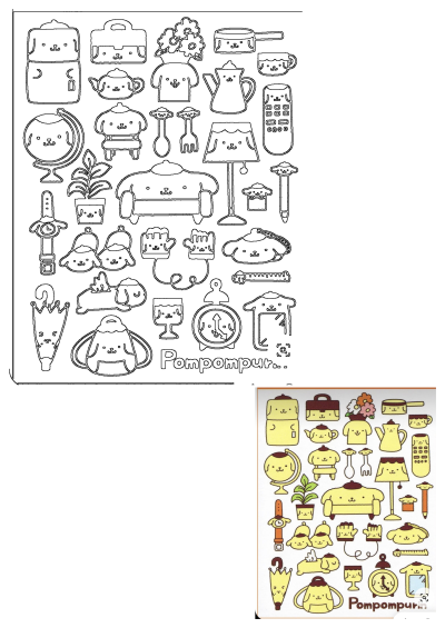 Pompompurin kawaii sticker sheet featuring various character accessories: teapot, sofa, alarm clock, remote, and other cute items.