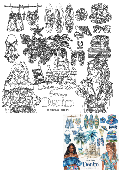 A vibrant watercolor collection of summer denim and tropical beach elements, including clothing, palm trees, sandcastle, and women.