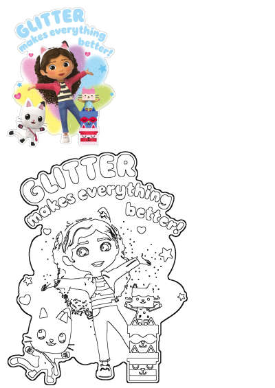 Vibrant Gabby's Dollhouse wall sticker of Gabby, Pandy Paws, and friends with glittery 'GLITTER makes everything better!' text.