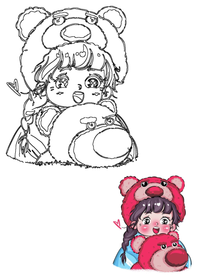 A cute anime girl wearing a pink Lotso Bear hat, happily hugging a matching Lotso plushie, with sparkling eyes and a sweet smile.