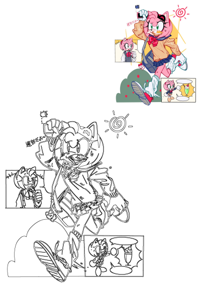 Pink-haired Amy Rose from Sonic, in school uniform, running late with toast in her mouth. Includes full color illustration and black line art.