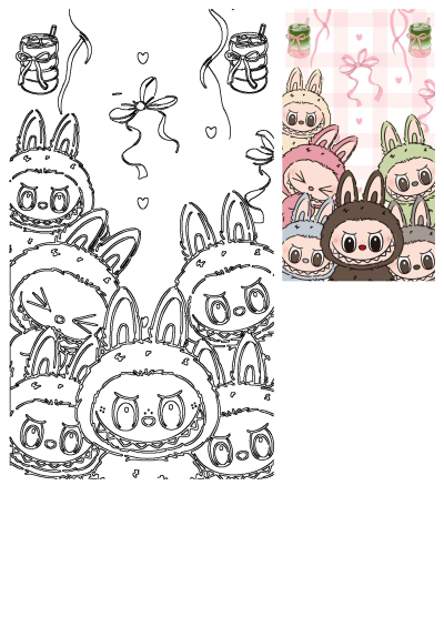 Cute, monster-like kawaii bunnies with pointy smiles, matcha drinks, and pink ribbons on a sweet checkered background illustration.