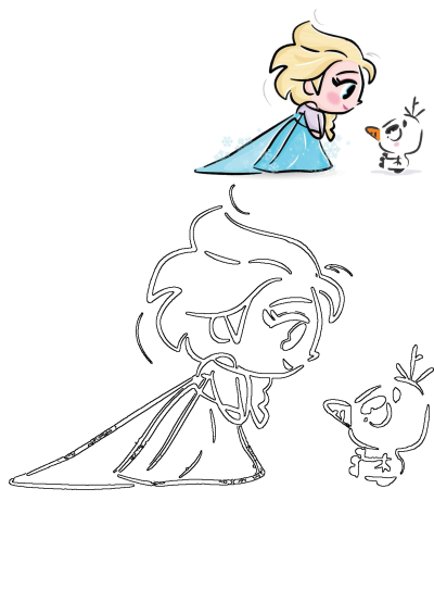 Cute Elsa and Olaf cartoon drawing featuring a vibrant colored version of the Frozen characters and a clean line art outline.