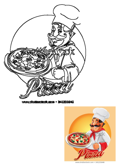 Cartoon chef in a white hat and red scarf proudly holds a fresh pizza on a plate, with 'Pizza' in prominent red lettering.