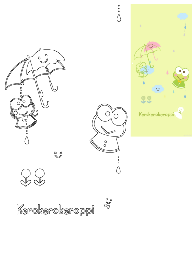 Cute Kerokerokeroppi frog wallpaper with him under an umbrella in the rain, plus a black outline version for drawing or coloring.