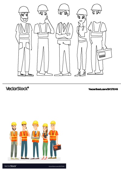 Diverse team of construction workers, including men and a woman, wearing yellow hard hats and orange safety vests. Professional crew vector illustration.