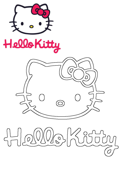Hello Kitty's iconic logo featuring a white cat face with a pink bow and yellow nose, plus pink 'Hello Kitty' text and outline versions, all on a white background.