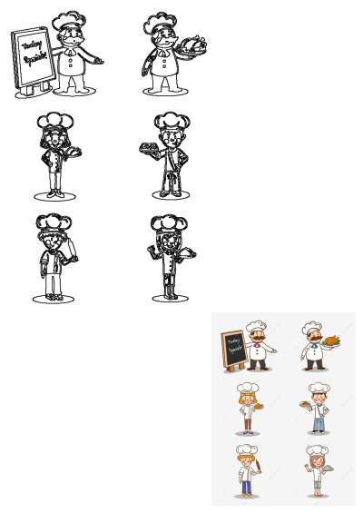 Cartoon chefs with food. Cute male and female chefs in uniform, presenting various dishes like roast chicken and a 'Today Specials' menu.