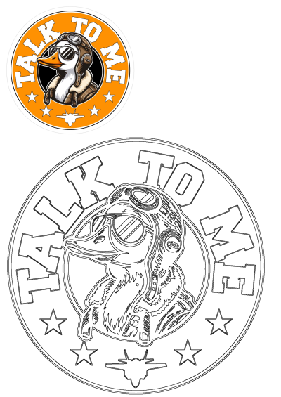 Funny cartoon duck in pilot goggles & aviator hat, with 'TALK TO ME' text, stars, and a jet on an orange circular sticker.