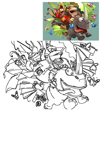 Donkey Kong and Diddy Kong joyfully riding Rambi Rhino through a vibrant jungle, surrounded by colorful butterflies and lush green leaves.