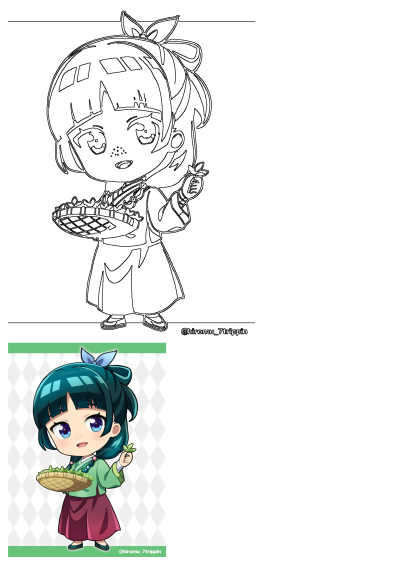 Cute chibi anime girl with blue hair in a traditional hanbok, holding a basket of leaves. Features both line art and full color.