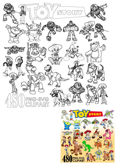 High-quality Toy Story cartoon characters PNG SVG clipart featuring Woody, Buzz, Jessie, and more, in both outline and colored styles for download.