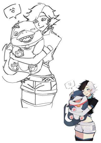 Marvel's Luna Snow, with her iconic black and white hair, happily hugs Jeff the Shark, a cute shark plushie with a collar.