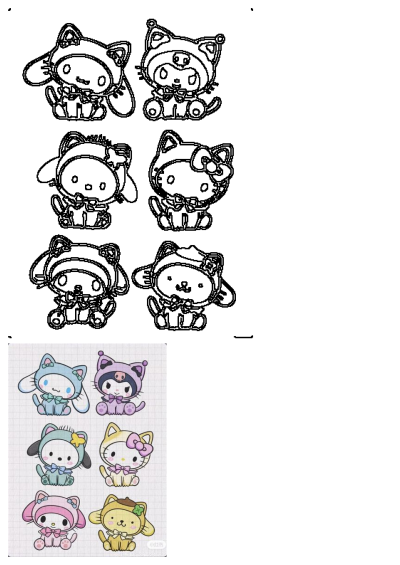 Adorable Sanrio characters in animal hoodies, presented as both black line art and colorful illustrations resembling stickers on grid paper.