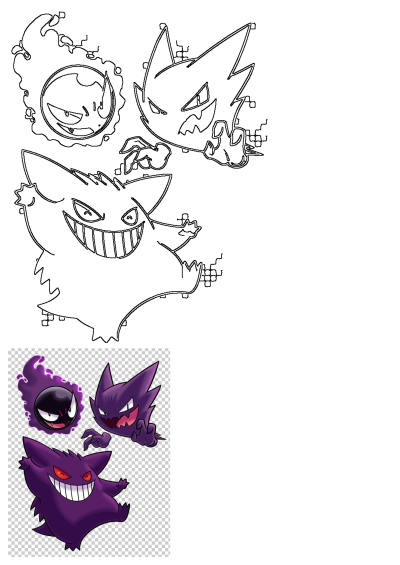 Collection of purple Gengar, Haunter, and Gastly Pokemon. Features Gengar with red eyes, fangs, and a wide smile.