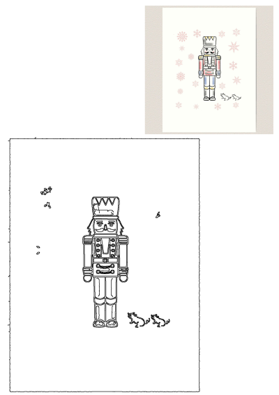 A festive Nutcracker soldier illustration, featuring a colorful design with pink snowflakes and small animal figures, alongside a clear outline version.