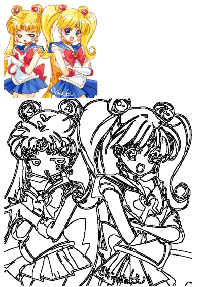 Chibi Sailor Moon and Chibiusa anime art showcasing cute expressions, one pouting and one smiling. Also features a black outline version.