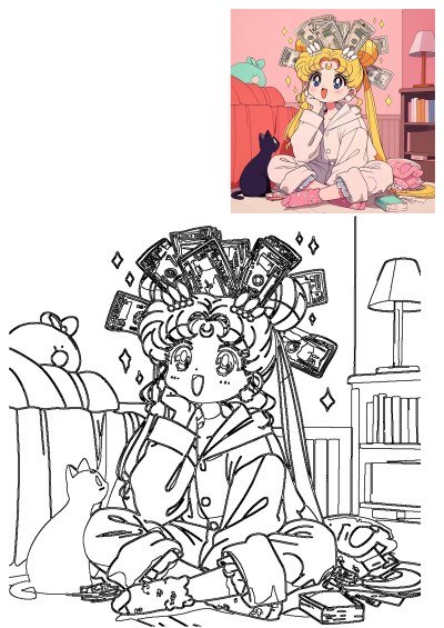 Sailor Moon cartoon woman sits with money bills in her blonde hair, looking surprised and happy, with her black cat Luna nearby.