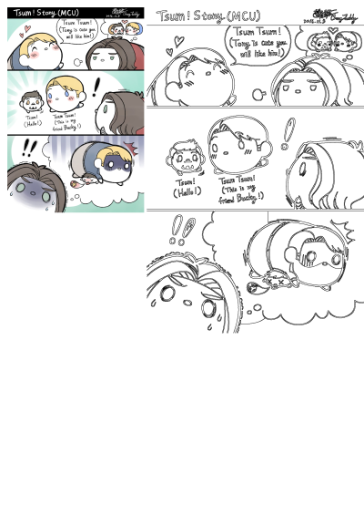 Funny Marvel Avengers Chibi Tsum Tsum comic featuring Steve, Tony, and Bucky with humorous interactions in an MCU Stony fan art.