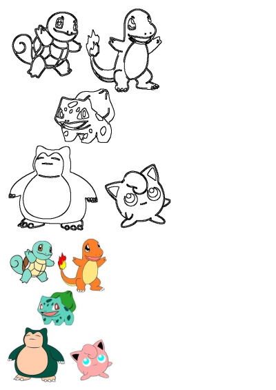 Pokemon Characters Squirtle, Charmander, Bulbasaur, Snorlax, and Jigglypuff in both line art and full color versions.
