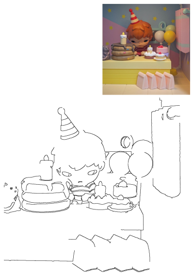 Cute birthday boy figurine with party hat, pancakes, cakes, balloons, and a hamster in a festive party scene.