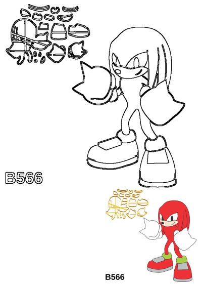 Knuckles the Echidna from Sonic the Hedgehog cartoon character, depicted as a paper craft template with outline and colored versions.