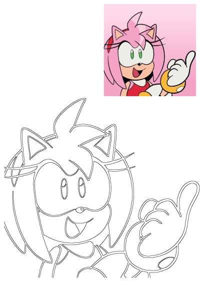 Amy Rose, the pink Sonic Hedgehog cartoon character, is depicted in a cheerful outline drawing, ready for artistic expression.