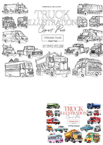Assorted truck illustration clipart pack featuring colorful and outline vehicles: fire, dump, tanker, pickup, semi, ambulance, food trucks.