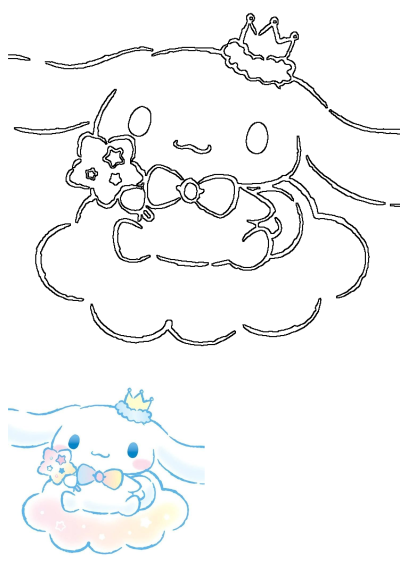 Kawaii cartoon outline featuring a cute character, like a bunny or teddy bear, wearing a crown and floating on clouds.