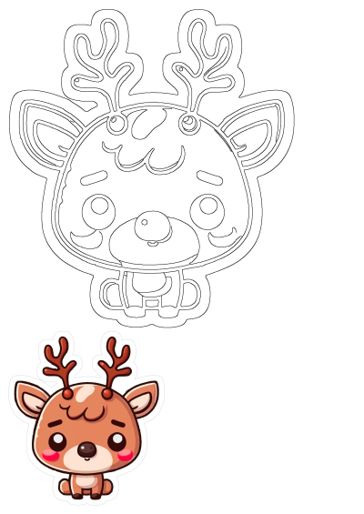 A cute cartoon reindeer character featuring a black and white outline for creative projects and a smaller, fully colored sticker version.