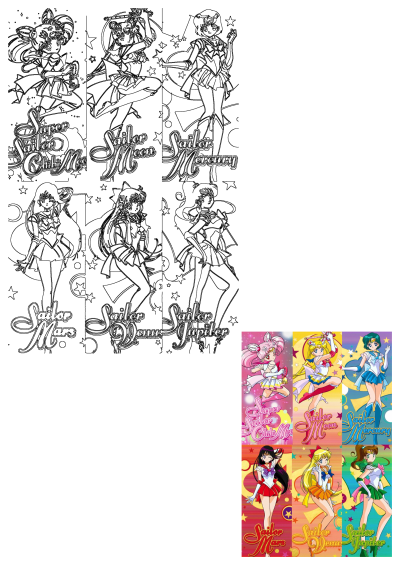 Sailor Moon characters like Chibi Moon, Mercury, Mars, Venus, Jupiter as colorful stars background wallpapers and black and white line art.