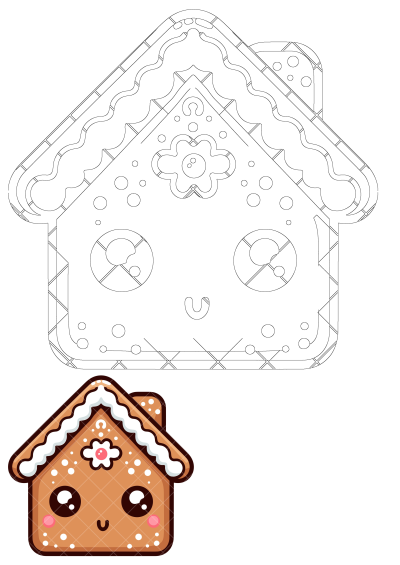 A kawaii gingerbread house illustration, presented as both a black outline drawing and a vibrant colored version with icing and sprinkles.
