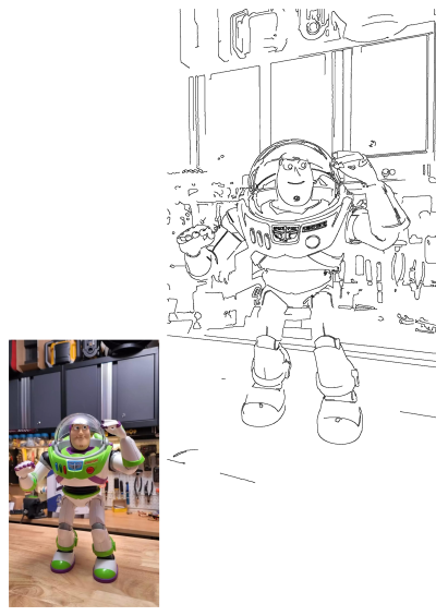 Buzz Lightyear action figure from Toy Story on a workbench, alongside a line art drawing of the character.