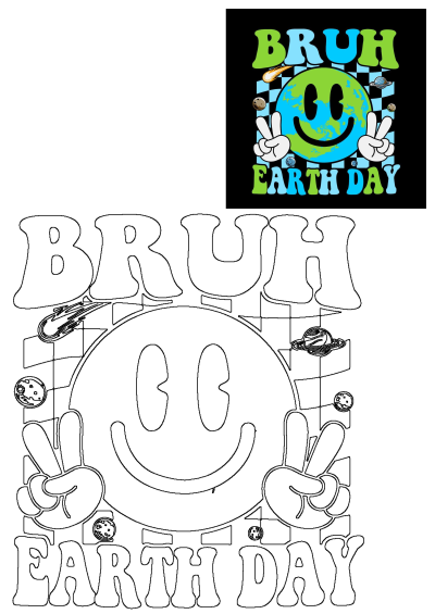 A groovy Bruh Earth Day design featuring a smiling Earth making peace signs, planets, and a comet on a retro checkerboard background.