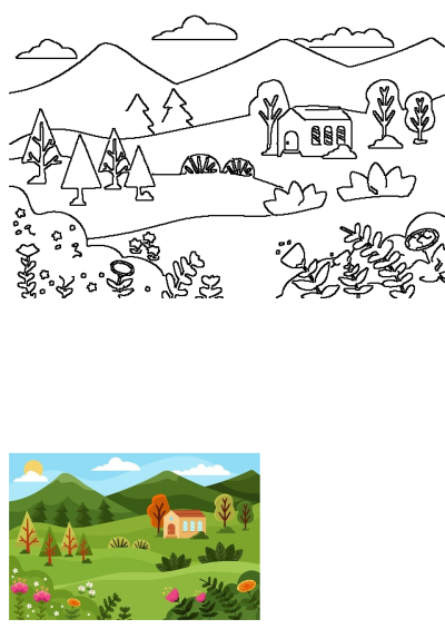 Vibrant flat design illustration of a charming house in a green field, featuring colorful flowers, various trees, and mountains under a sunny sky.