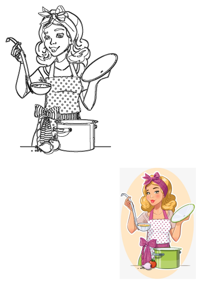 Smiling cartoon woman in a polka dot apron with a pink bow headband holding a ladle of soup and pot lid over a green pot.