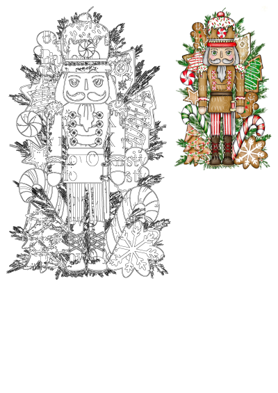 Festive gingerbread Nutcracker illustration with candy canes, assorted cookies, and pine branches, alongside its black and white outline.