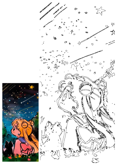 Captivating Sailor Moon stargazing artwork featuring Usagi Tsukino and her black cat Luna marveling at a starry night sky.